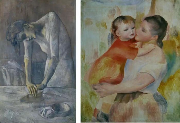 （左）毕加索，《熨衣服的女人》，1904 ? 2018 Estate of Pablo Picasso / Artists Rights Society (ARS), New York. 图片致谢纽约古根海姆美术馆（右）皮埃尔-奥古斯特·雷诺瓦，《洗衣工和孩子》，约1887年，图片来自维基共享资源