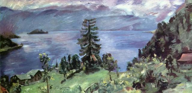 Lovis Corinth《从机舱看去的瓦尔辛湖风景》（Walchensee-Panorama，Blick von der Kanzel），布面油画，100×200cm，1924年