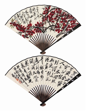 齐白石 1952年作 桃花·行书 成扇 设色纸本 RMB 600,000-800,000 RMB 2,415,000 北京保利2018秋季拍卖会-1_b
