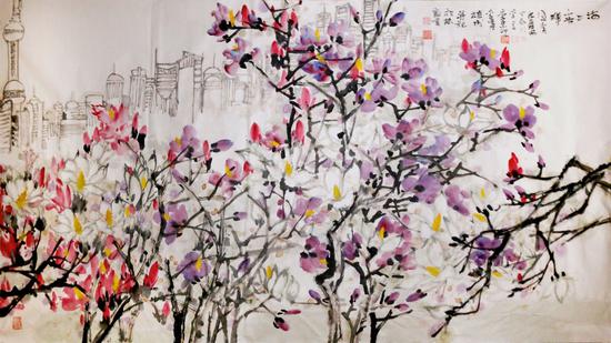 △《海上春晖》，180cm×98cm，纸本设色，作者：沈舜安 李伟雄 甘永川 李言 李忠印