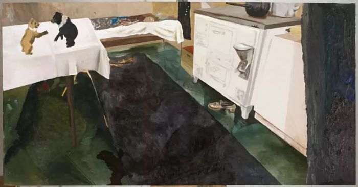 《厨房中的战斗》，2010，板上油彩及丙烯颜料，73x144cm
