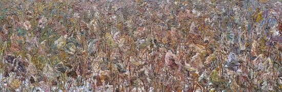 《残荷》四联画 Withered Broken Lotus Series 2017年11月-2018年1月200cmX600cm布面丙烯 Acrylic on canvas（其中一幅作品入选2018年第111届法国秋季艺术沙龙展）