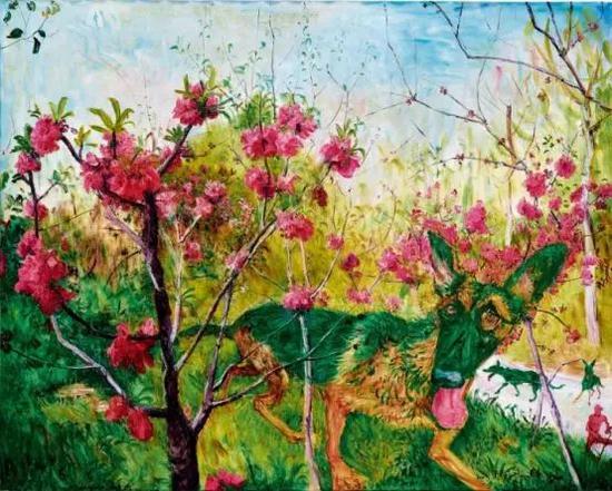 周春芽《桃花与绿狗》在2018年保利香港秋拍中以596.8万元成交