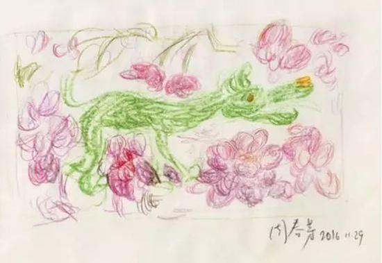 周春芽《桃花与狗》（彩铅）在2018年匡时秋拍中以8.05万元成交