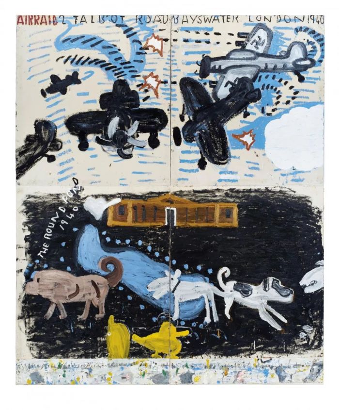 Park Dogs and Air Raid, 2017 by Rose Wylie.