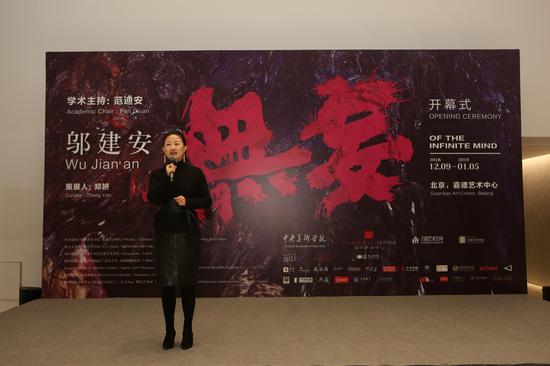 本次展览策展人、联合主办机构——万营艺术空间艺术总监郑妍女士在展览开幕式上致辞   