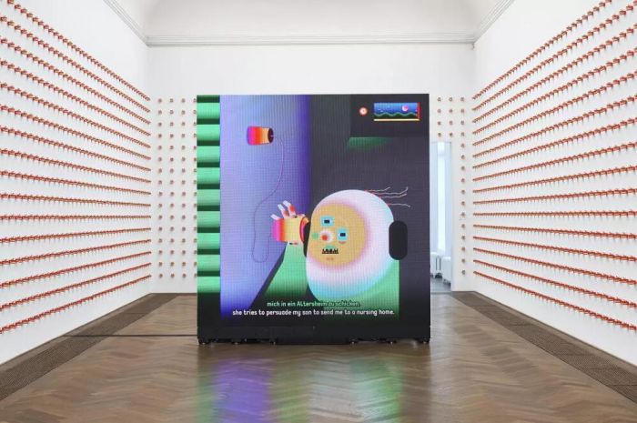 Wong Ping, installation view, Golden Shower, view on HD film, Dear, can I give you a hand?, 2018, Kunsthalle Basel, 2019. Photo: Philipp Hänger / Kunsthalle Basel. Courtesy of the artist, Edouard Malingue Gallery, Hong Kong / Shanghai, and Solomon R. Guggenheim Museum, New York