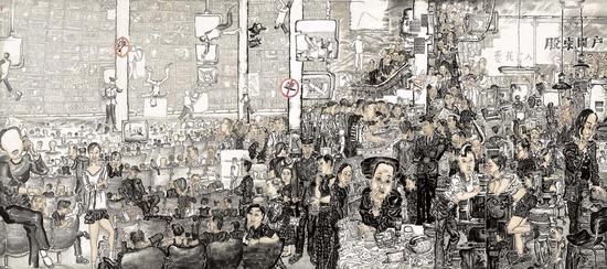 李孝萱《股票！股票！》 纸本水墨 278x625cm 1999年