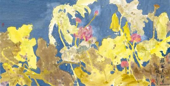横笛弄秋月，纸本彩墨，70x137cm，2017年