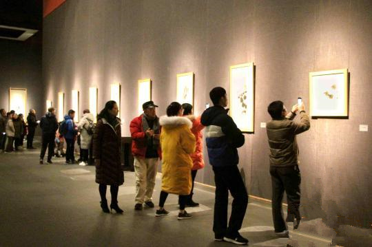 在展览现场，《虾》《李铁拐》《双牛柳树》等齐白石经典画作吸引观众驻足欣赏。