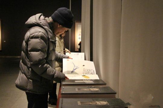 图为参展市民在现场翻看齐白石的画册集。