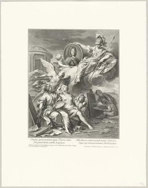 Henri Simon Thomassin, 翻刻自 Louis Boullogne, le Jeune 绘制的 « 路易十六庇护艺术» （Louis XIV protégeant les Arts）1728年刻制