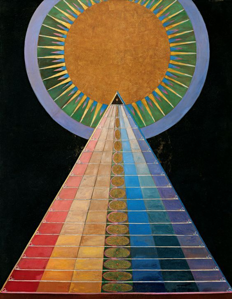 希尔马·阿夫·克林特，《祭坛画1》（Group X, No. 1, Altarpiece），1915年，布面油画、金属薄膜, 237.5 x 179.5 cm