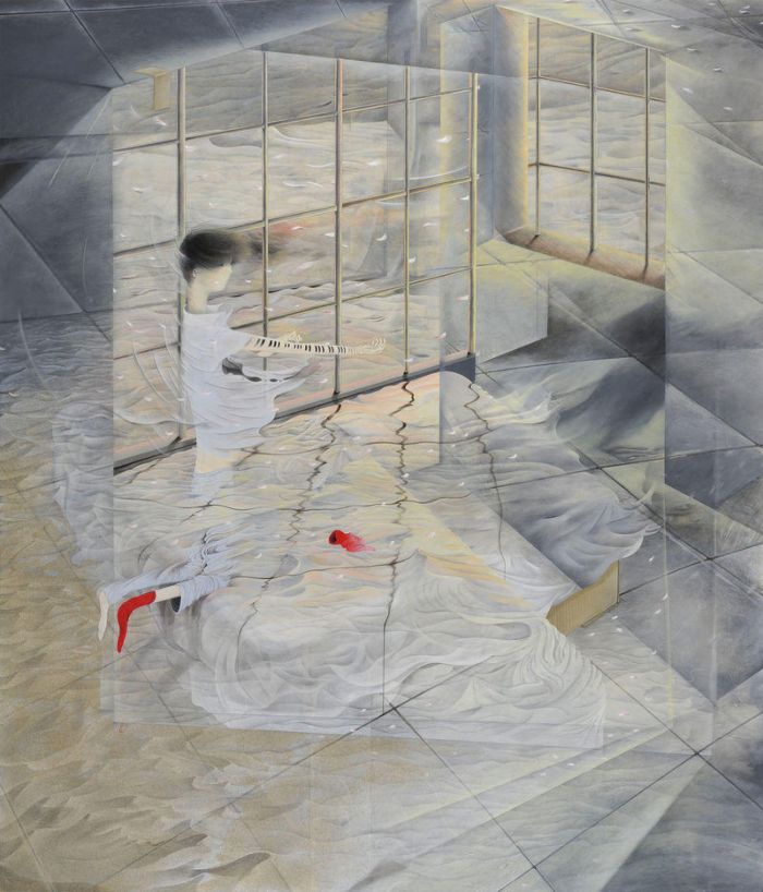 Tomoko Kashiki, Arm Piano, 2015, Acrylic, alkyd, pastel, sand, clay, linen, wooden panel, 212.2 x 183 cm