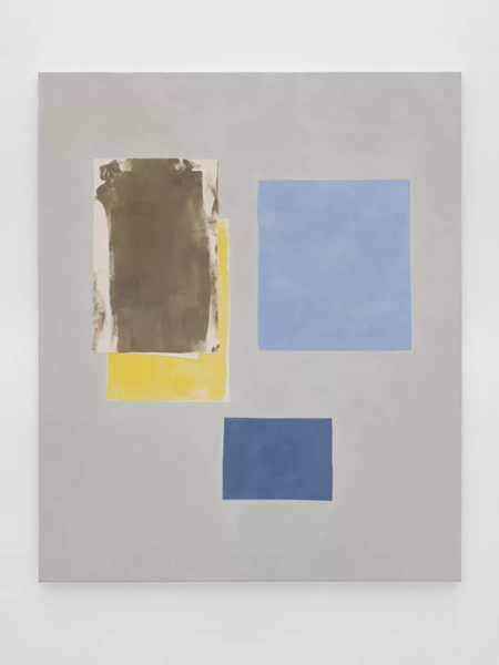    Peter Joseph,《Brown, Yellow & Two Blues》, 2018,布面丙烯，尺寸: 116.8 x 96.5 厘米，摄影 Jack Hems, ? Peter Joseph