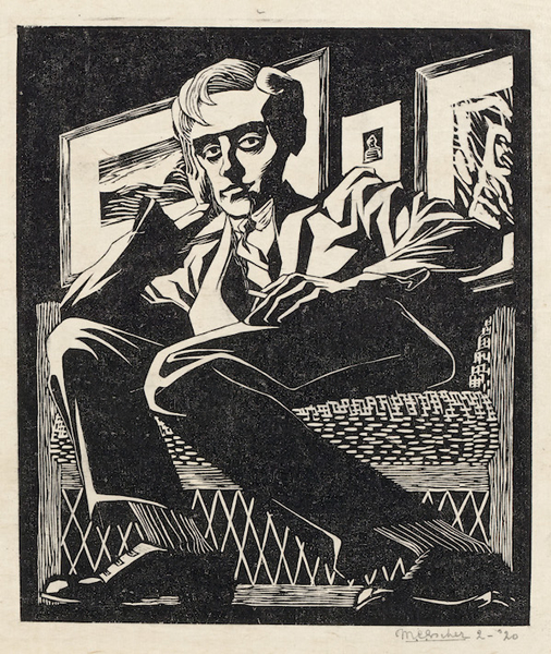 M.C.埃舍尔，坐椅上的自画像，1920年2月，木刻版画