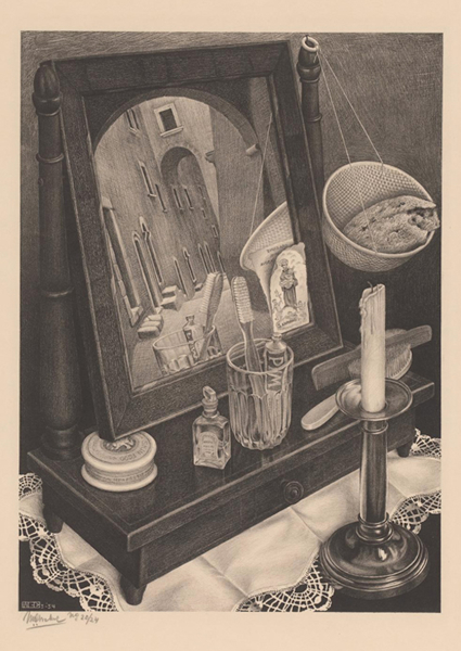 M.C.埃舍尔，镜中的静物，1934年3月，石版画