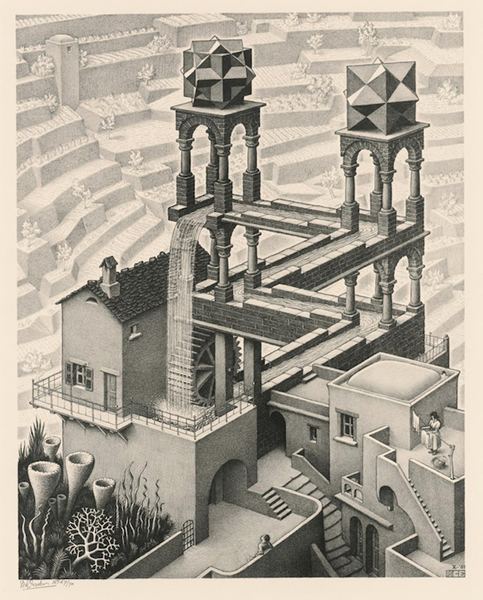 M.C.埃舍尔，瀑布，1961年10月，石版画