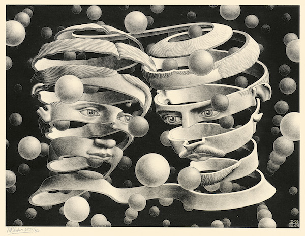 M.C.埃舍尔，结合的纽带，1956年4月，石版画。埃舍尔与妻子耶塔的肖像，作品讲述了“无限的爱”以及“无限的时间与空间”。
