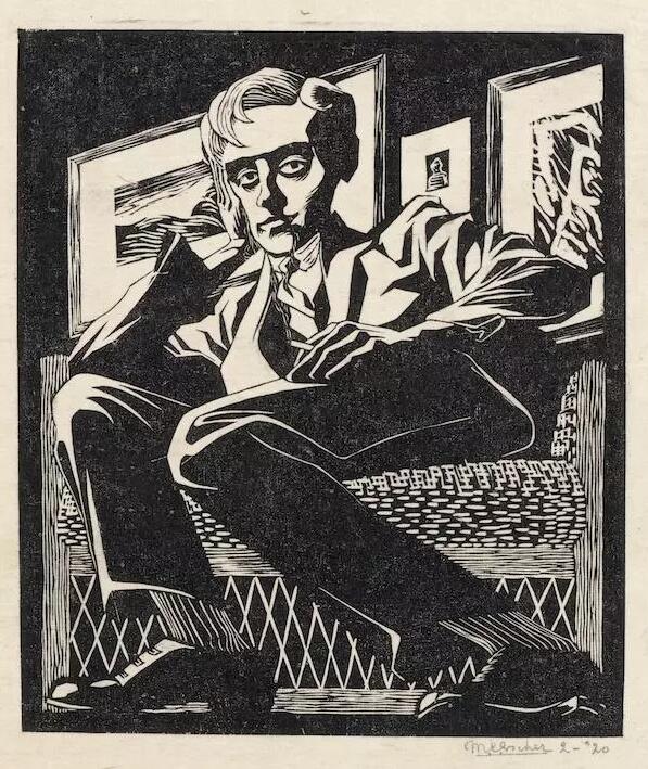 M.C.埃舍尔，坐椅上的自画像，1920年2月，木刻版画