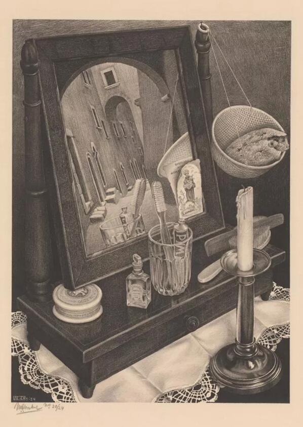 M.C.埃舍尔，镜中的静物，1934年3月，石版画