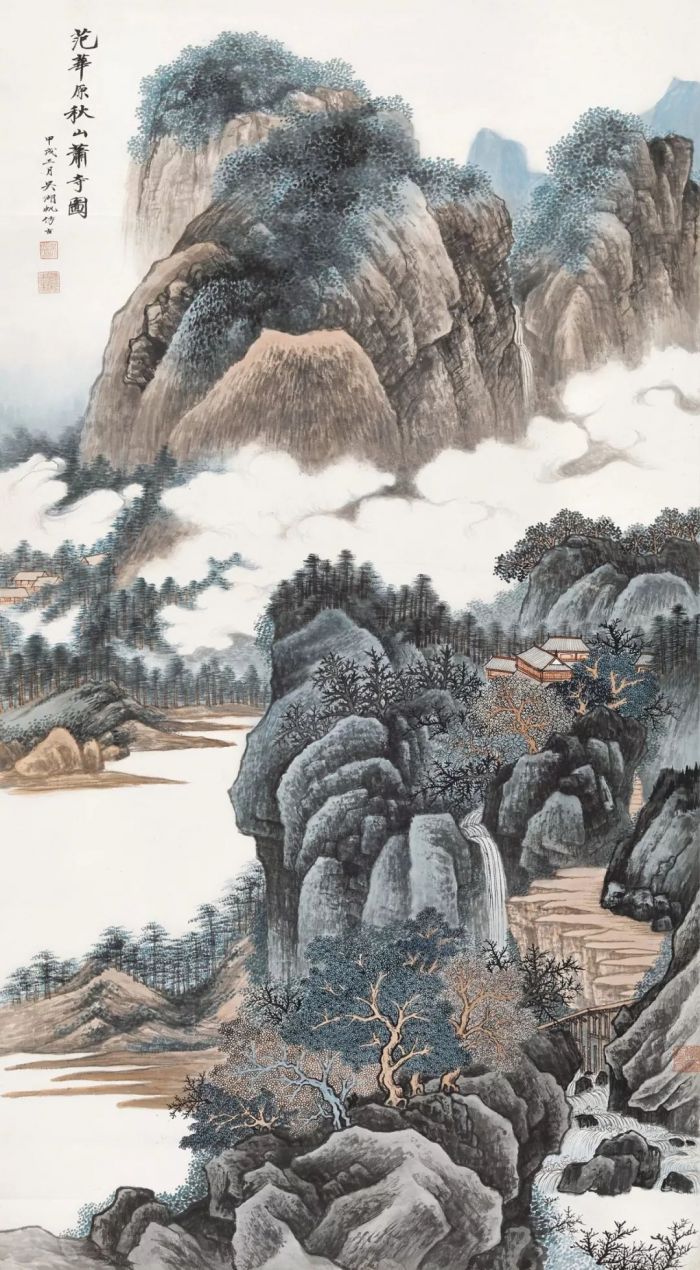 吴湖帆《秋山萧寺》立轴 设色纸本 151.3×83.5cm 约11.4平尺 1934年作