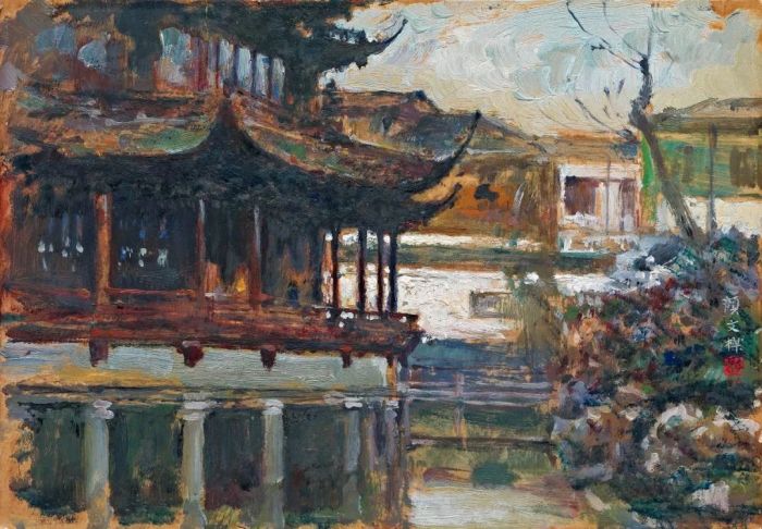 颜文樑《上海豫园》布面油画 18×25.8 cm 1964年
