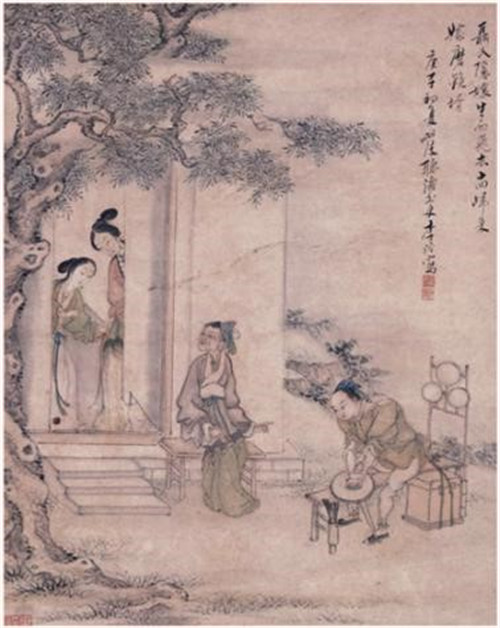  《磨镜图》，落款“聂氏隐娘，生而飞去，十四归来，嫁磨镜婿，庚子初夏毗陵听涛外史李淦写”