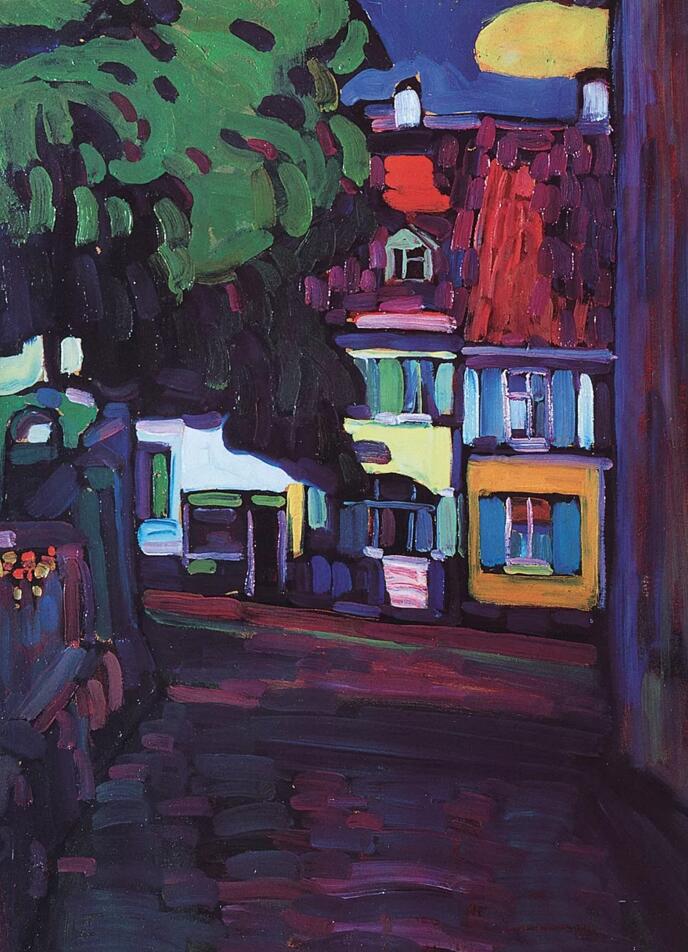 康定斯基（Wassily Kandinsky）《穆尔瑙的市集广场》（Market Square in Murnau），油彩画布，64.5×50cm，1908年作，马德里提森美术馆典藏