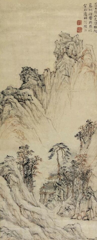 陆治《落日空谷》设色纸本 立轴