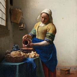 油画倒牛奶的女仆和戴红帽的女孩反应维米尔的作品风格